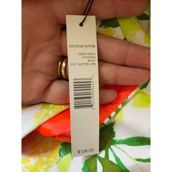 T TAHARI Terry Sheath Summer Dress Sleeveless Floral Bright Lime, Orange, Green, - Picture 7 of 11